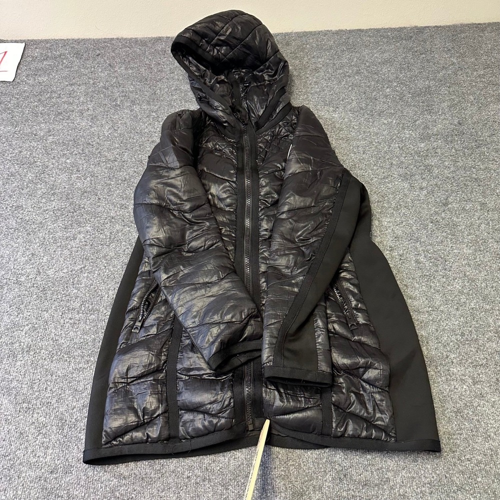 Guess Puffer Jacket Womens Size L Black Hooded Quilted Lightweight Zip Up Rip